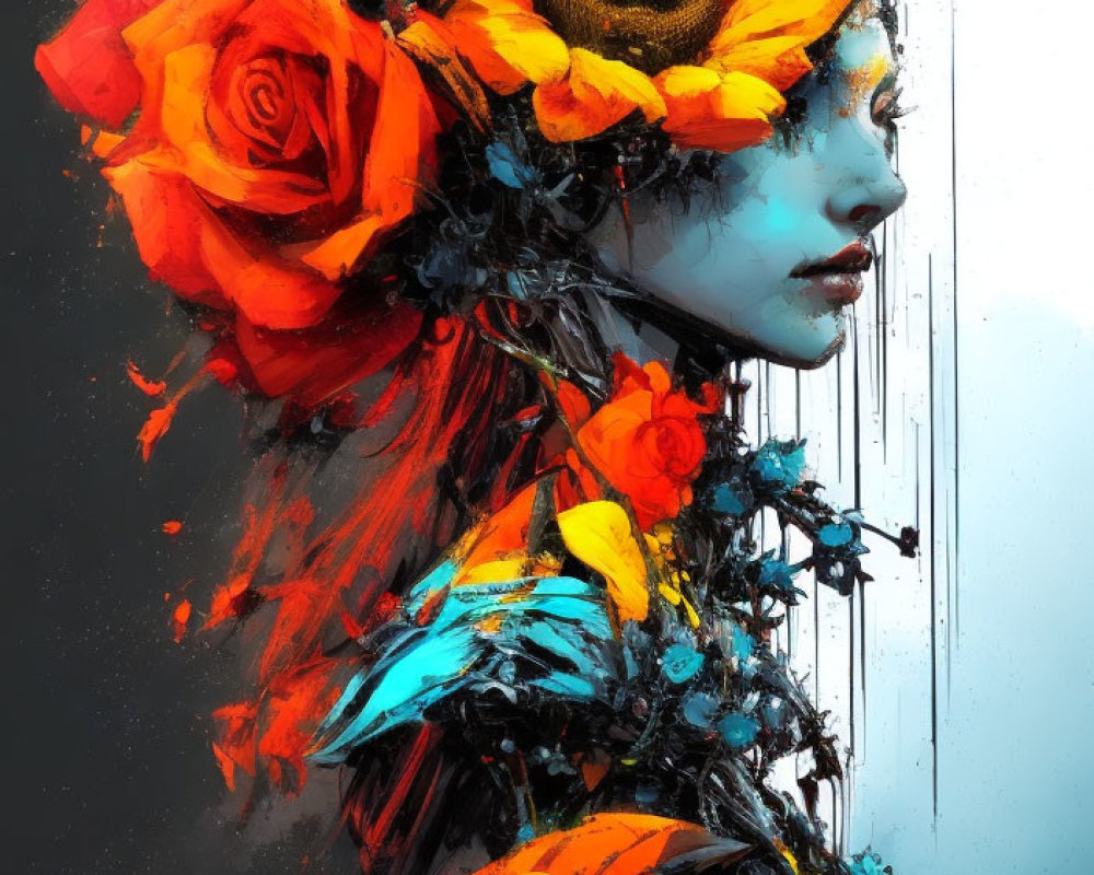 Colorful woman with sunflower eye and roses on dark background