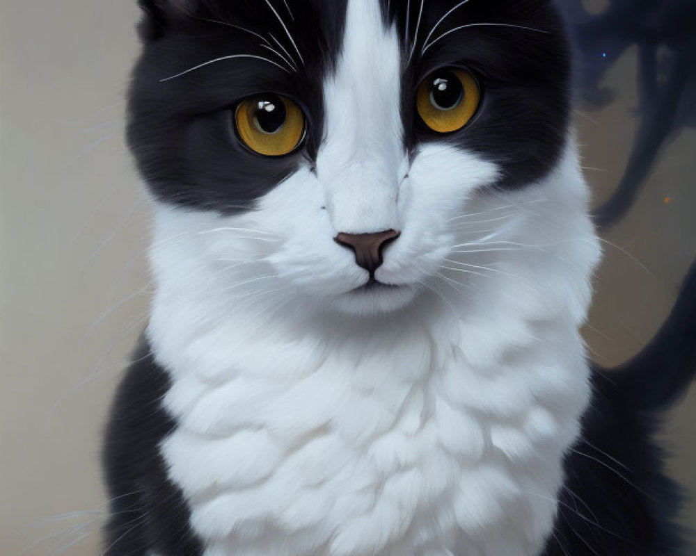 Realistic digital painting of black and white cat with yellow eyes