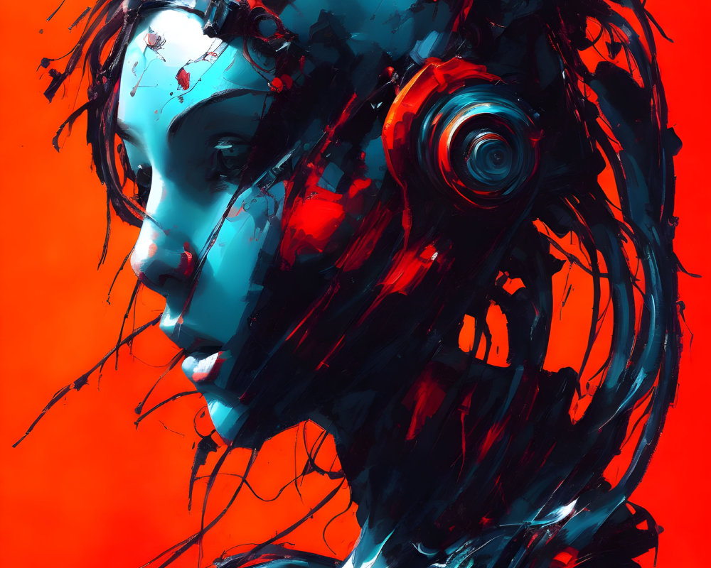 Colorful digital artwork of female figure with cybernetic elements in red and blue.