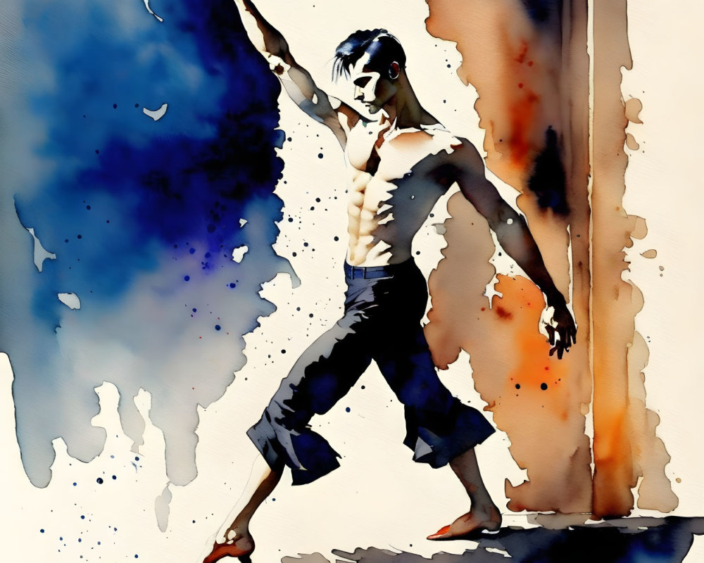 Dynamic Pose Watercolor Painting with Blue and Orange Splashes