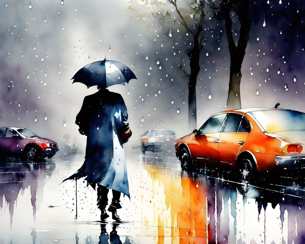 Person with umbrella on wet street with colorful reflections, cars nearby in vibrant rain scene