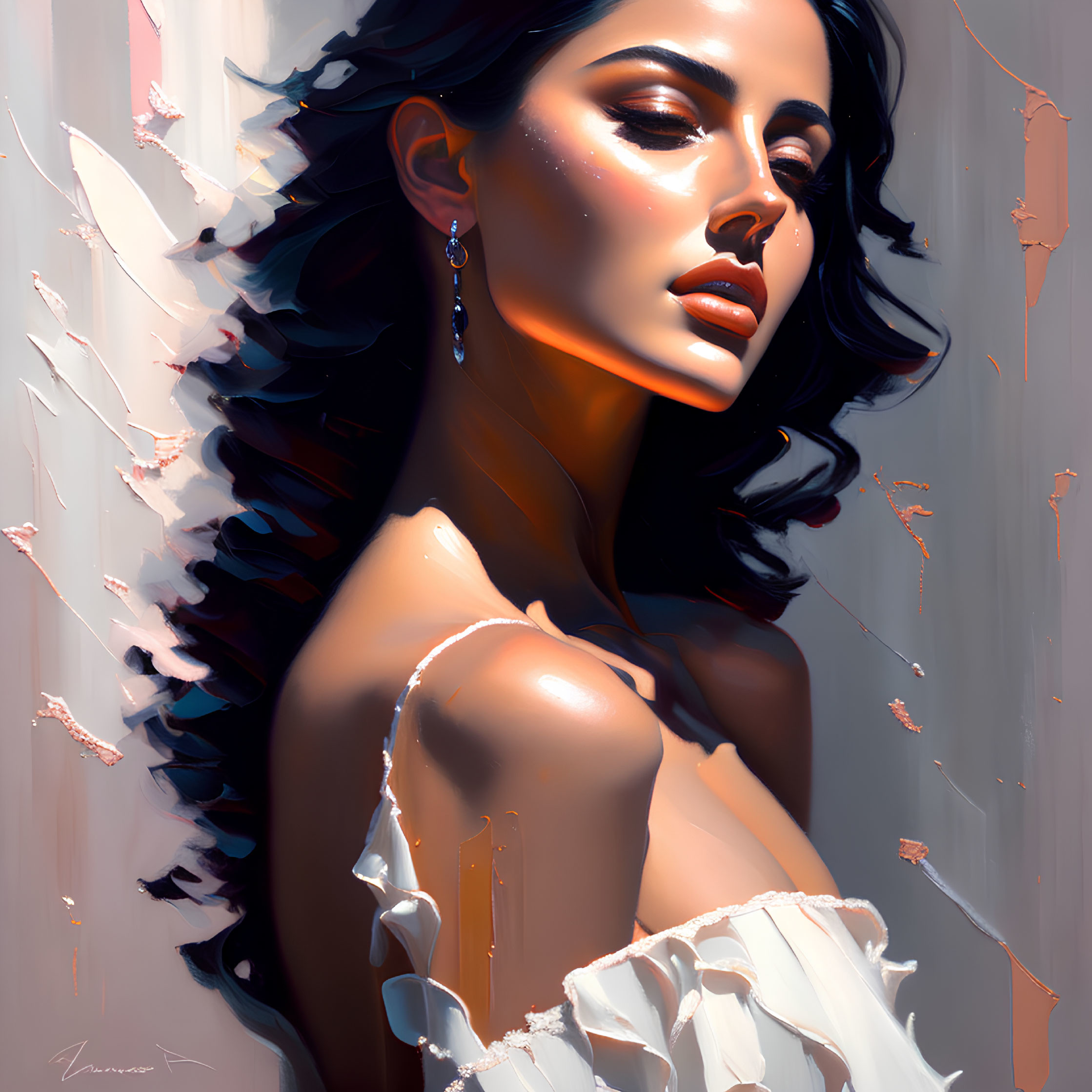 Digital Artwork: Dark-Haired Woman in White Off-Shoulder Top