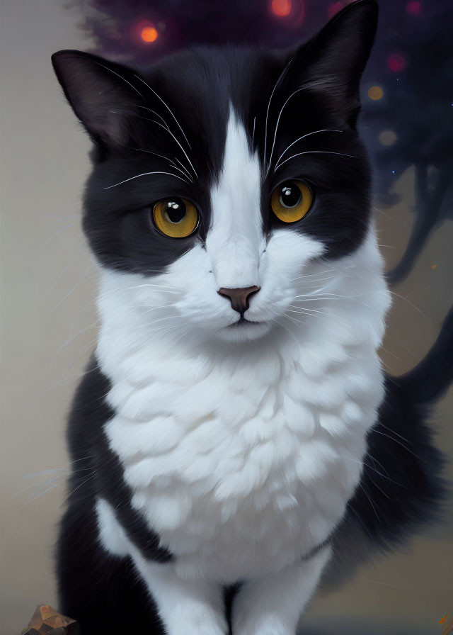 Realistic digital painting of black and white cat with yellow eyes