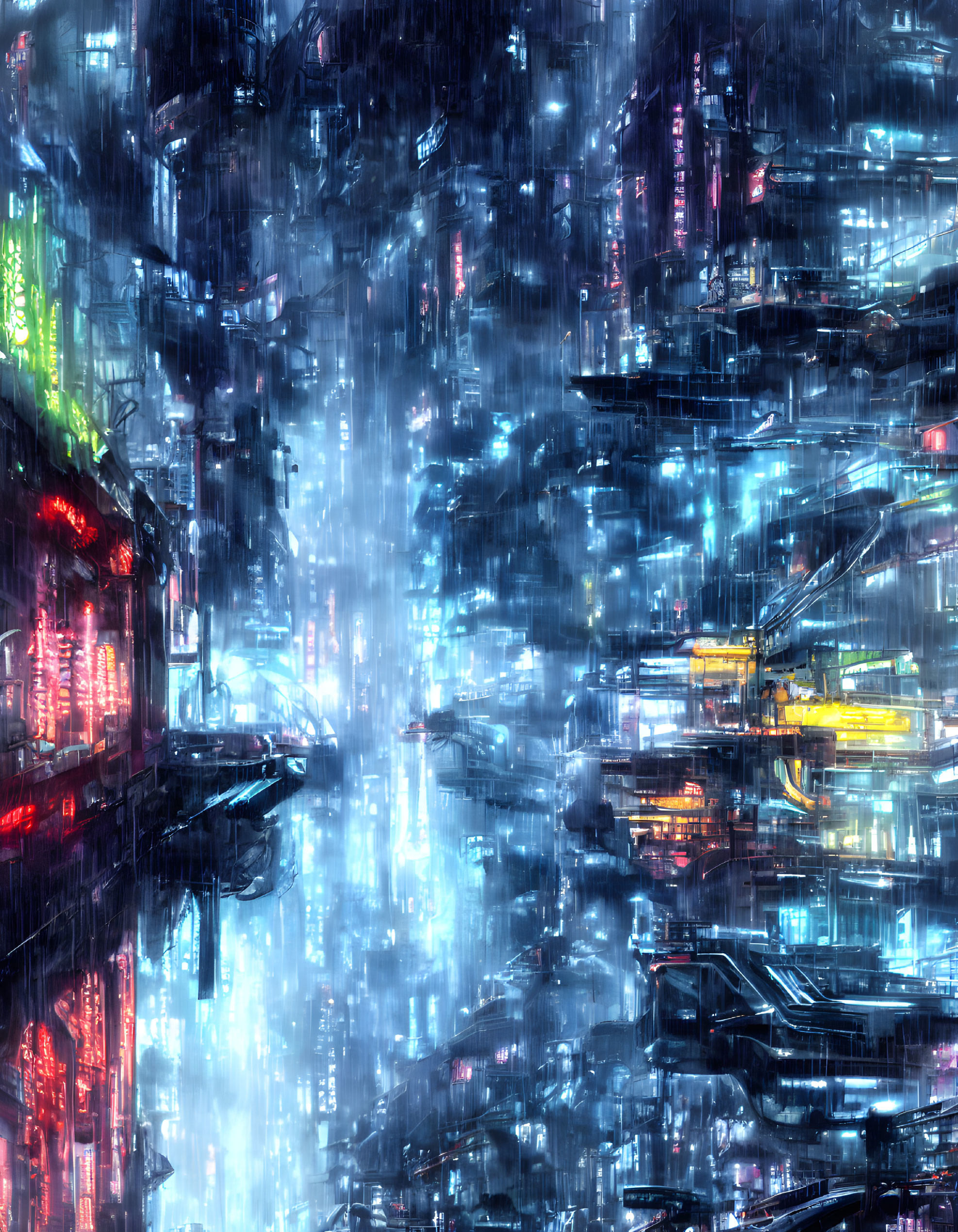Nighttime futuristic cityscape with neon signs, illuminated buildings, and flying vehicles in a rainy urban setting