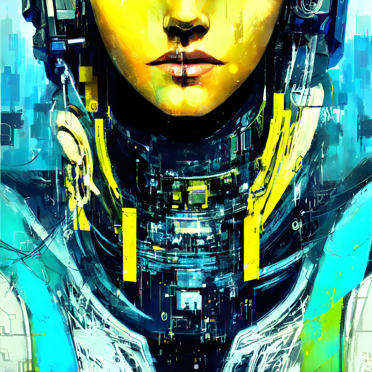 Detailed futuristic cybernetic enhancements on person in digital art