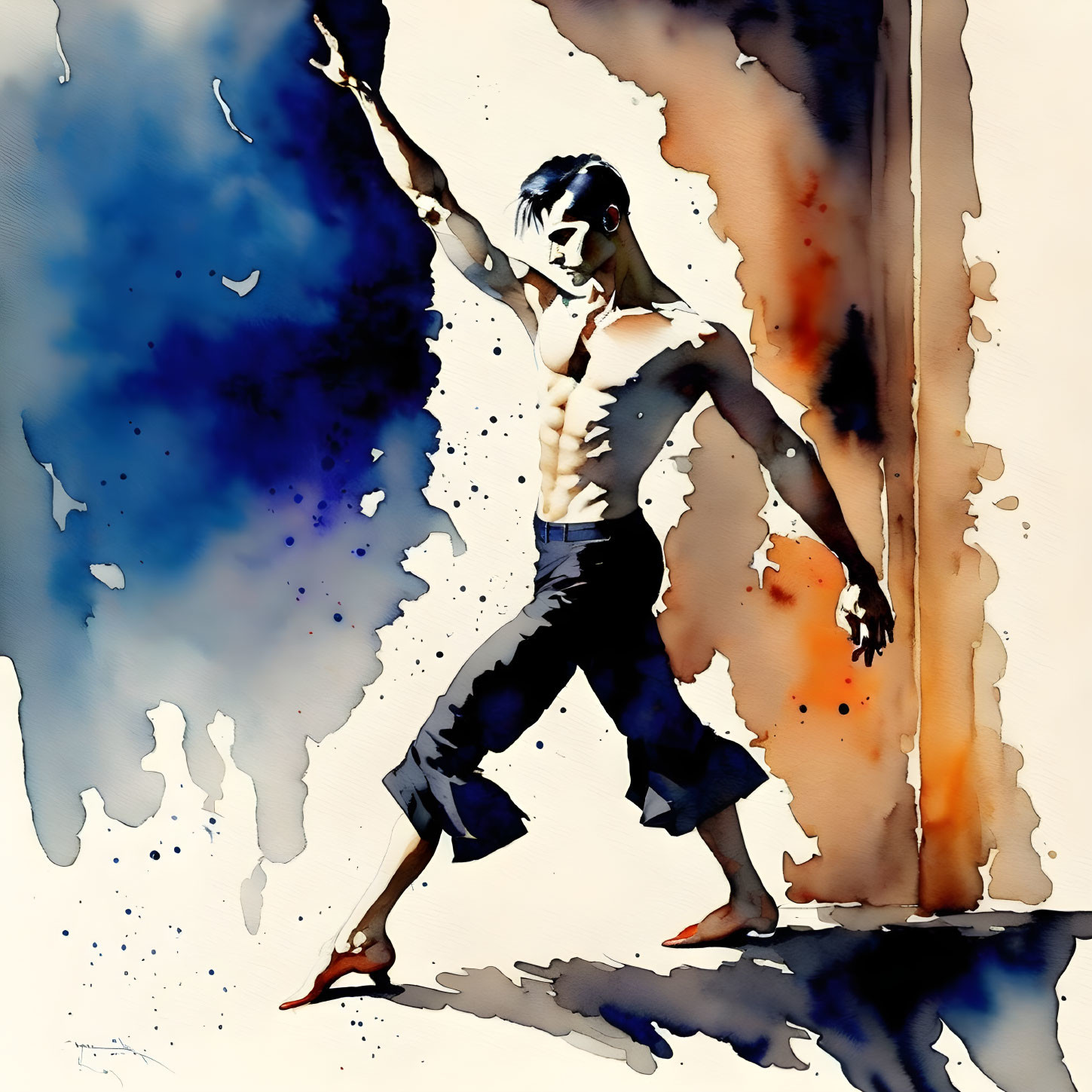 Dynamic Pose Watercolor Painting with Blue and Orange Splashes