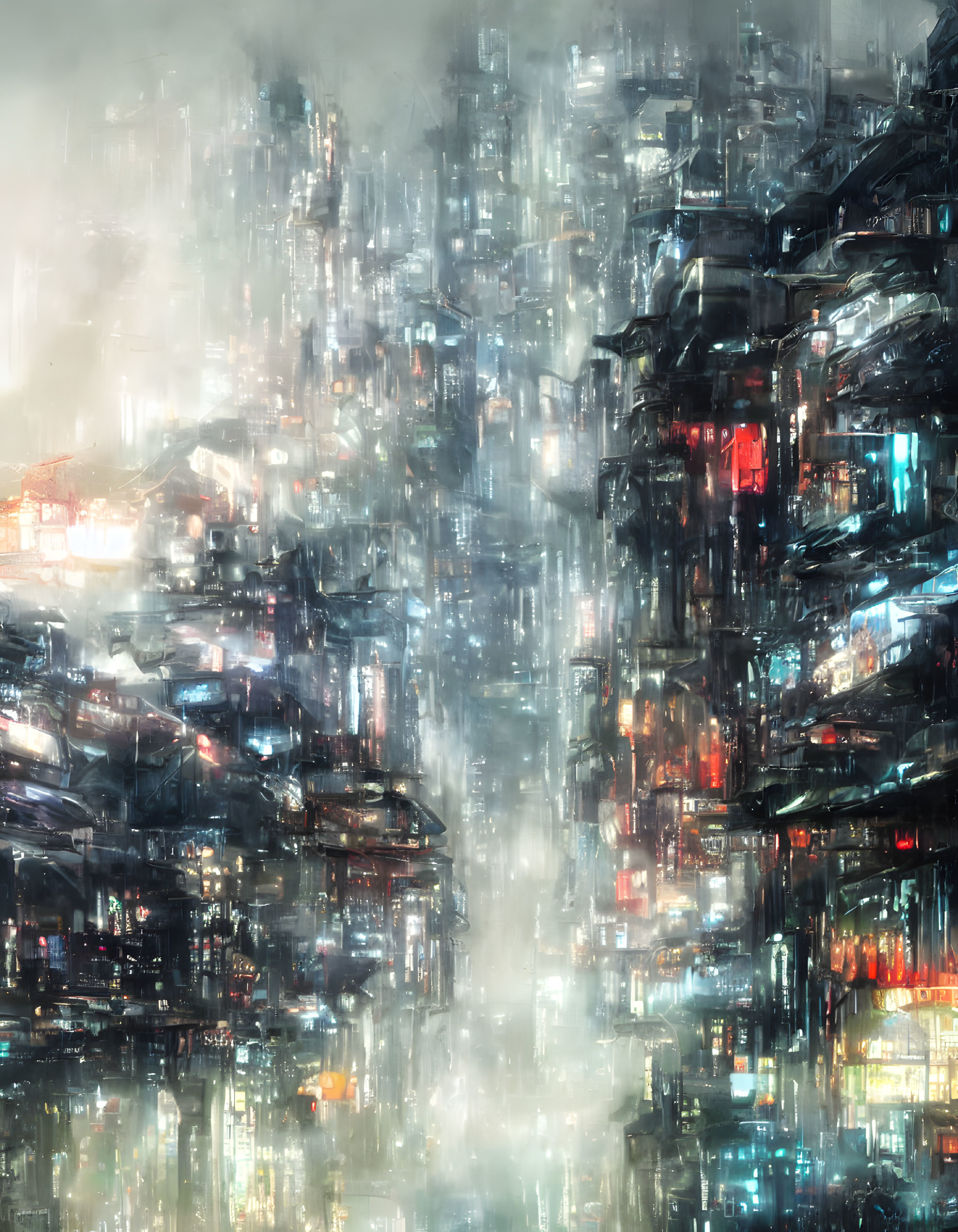 Futuristic cityscape with layered neon architecture in misty ambiance