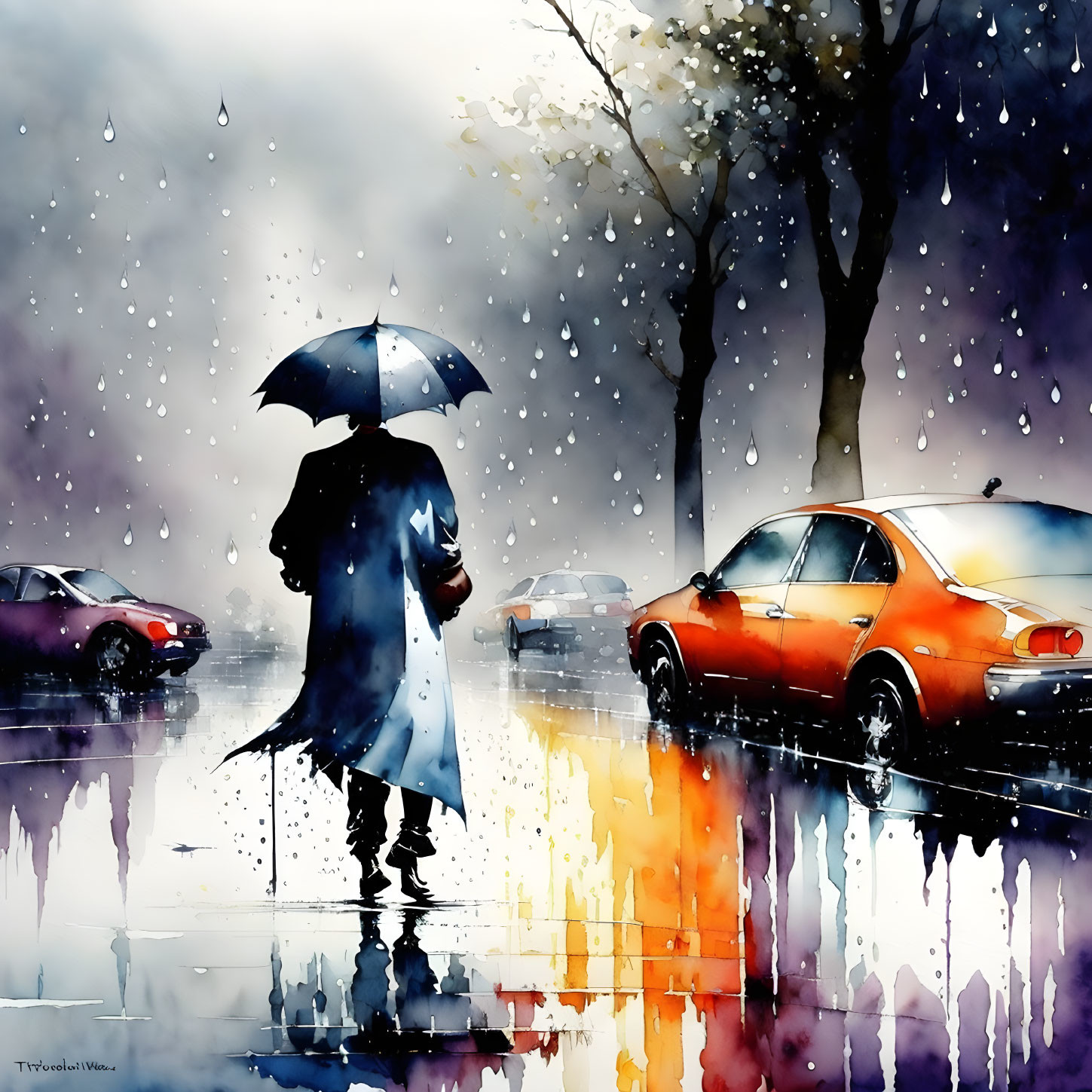 Person with umbrella on wet street with colorful reflections, cars nearby in vibrant rain scene