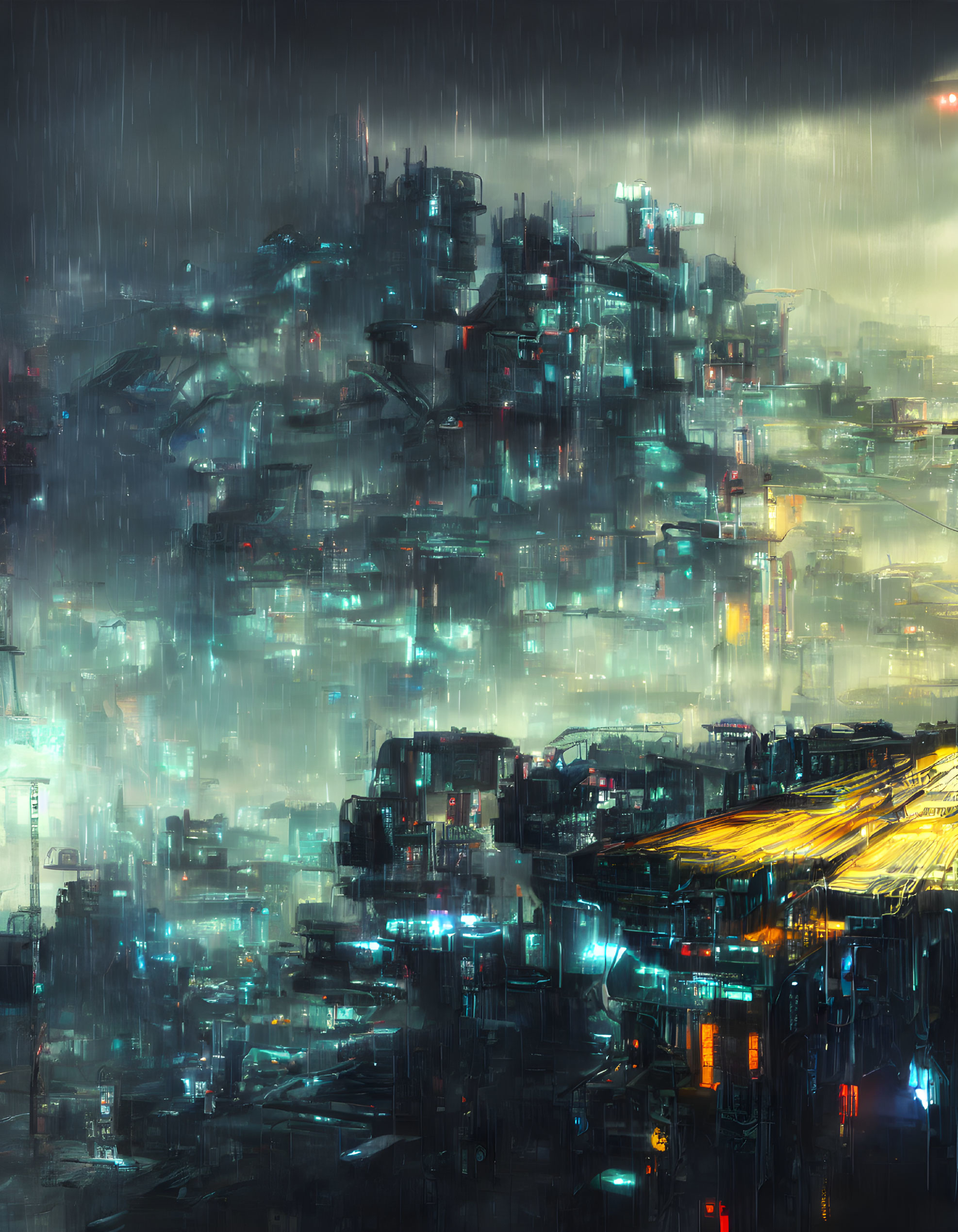 Futuristic night cityscape with neon lights in heavy rain