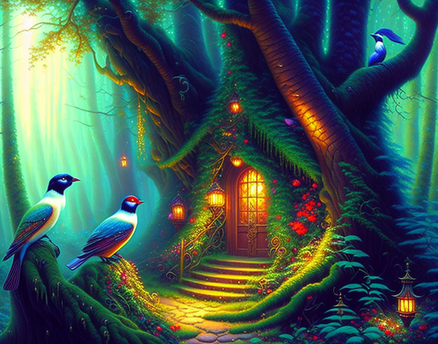 Enchanting forest scene with large tree door, birds, flowers & sunlight