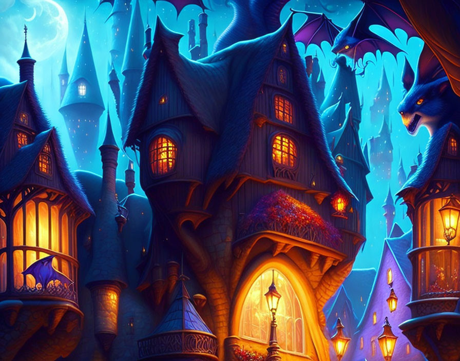 Fantasy castle illustration with glowing windows and magical forest