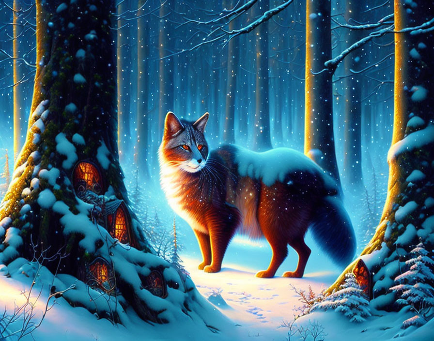 Majestic fox in snowy forest with glowing tree hollow homes