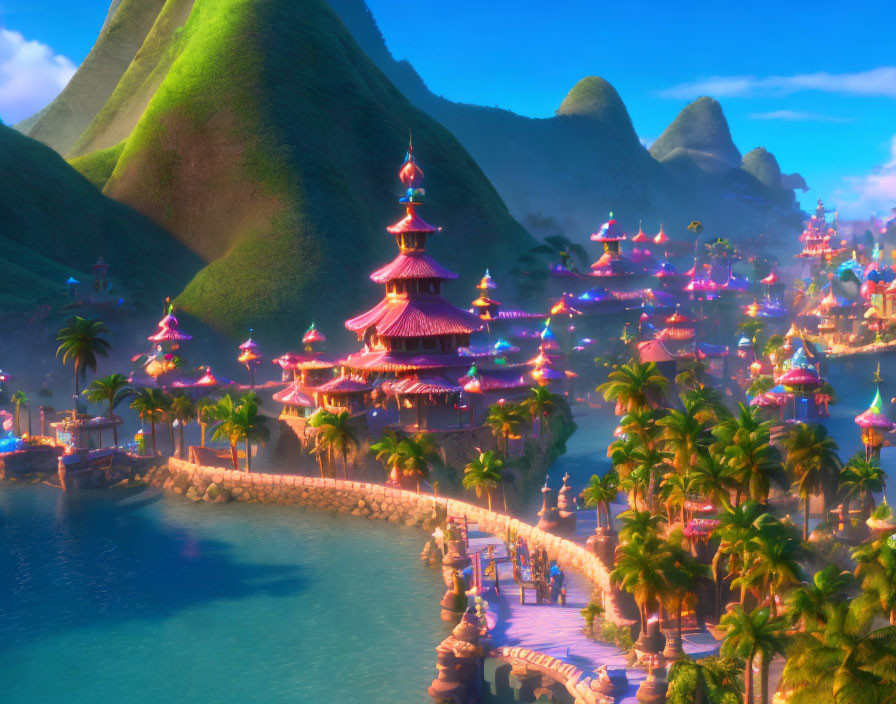Animated tropical landscape with pagoda-style buildings, palm trees, mountains, and waterfront at dusk