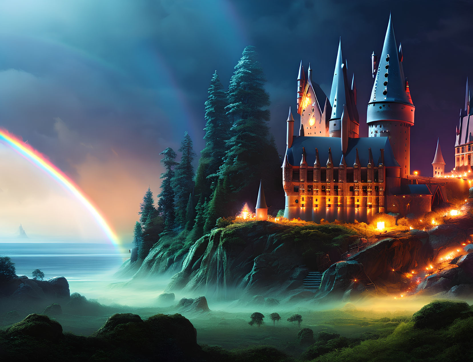 Fantastical castle on cliff with spires, lush trees, rainbow, mist, and starry