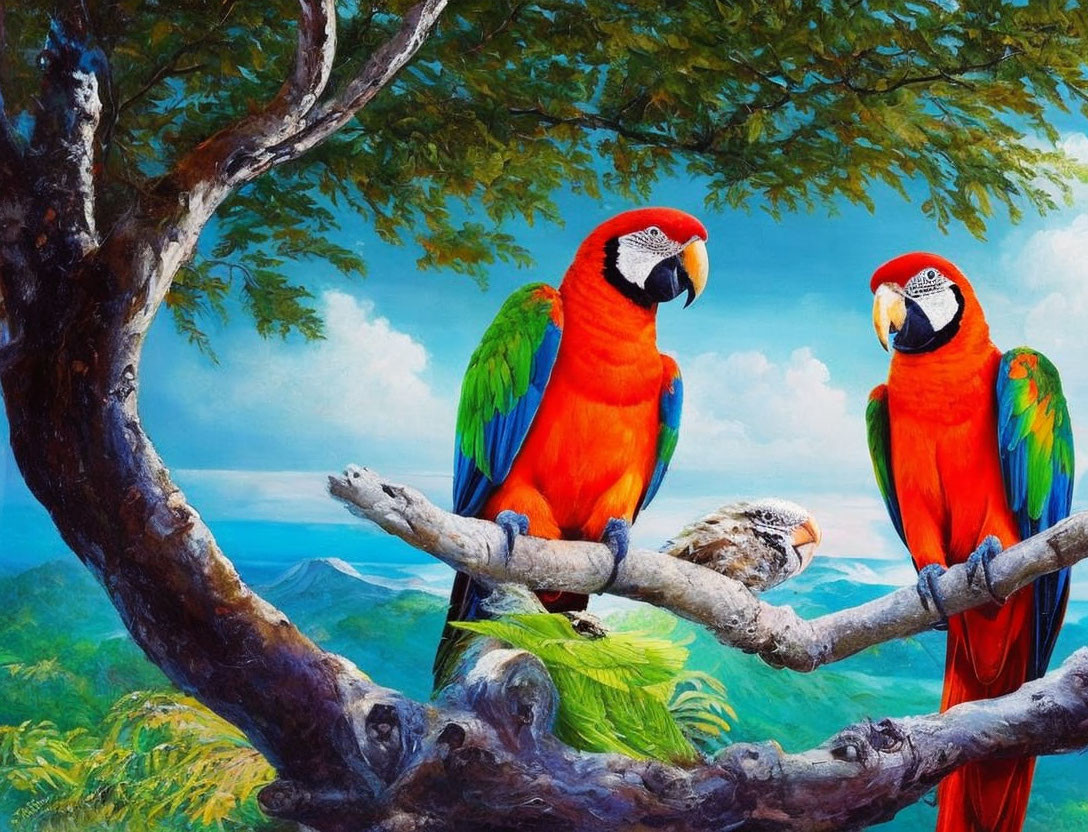 Colorful scarlet macaws on branch with greenery and blue mountains.