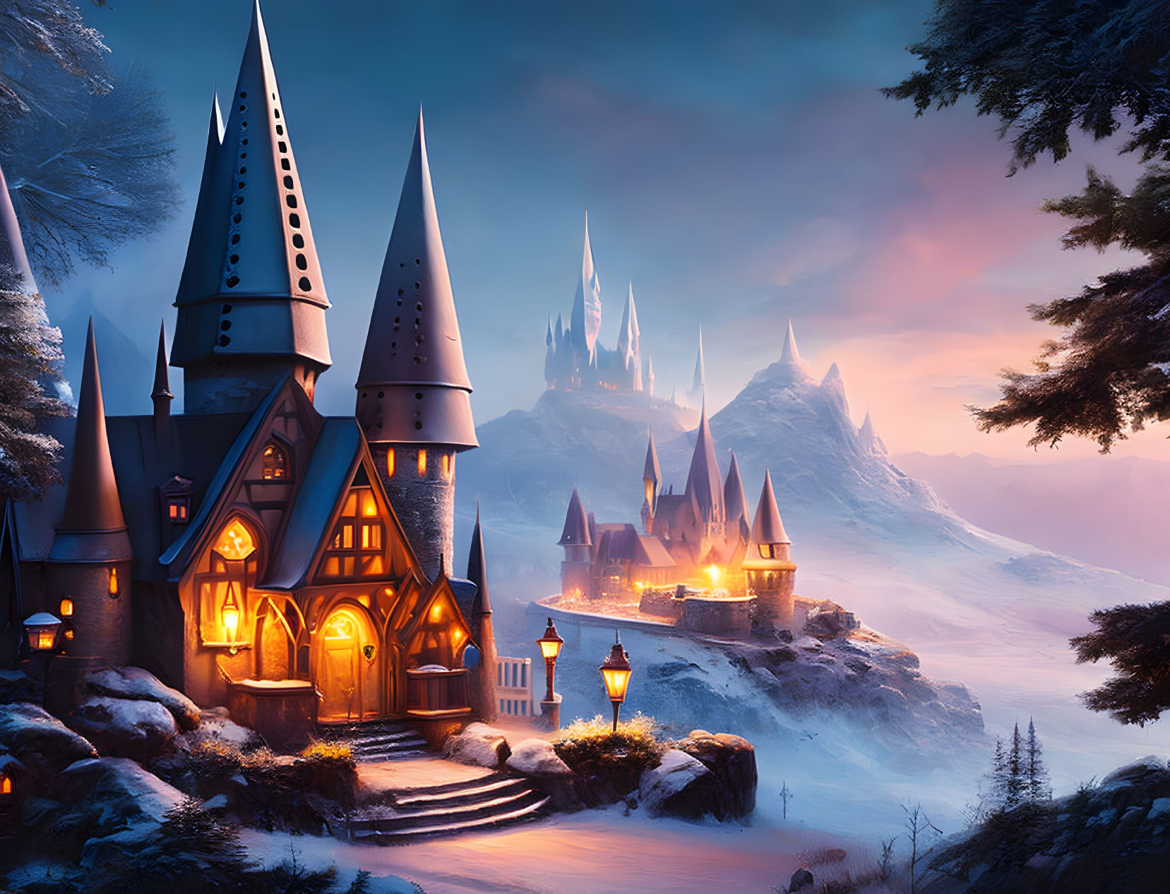 Enchanting castle with spires on snowy cliff at twilight