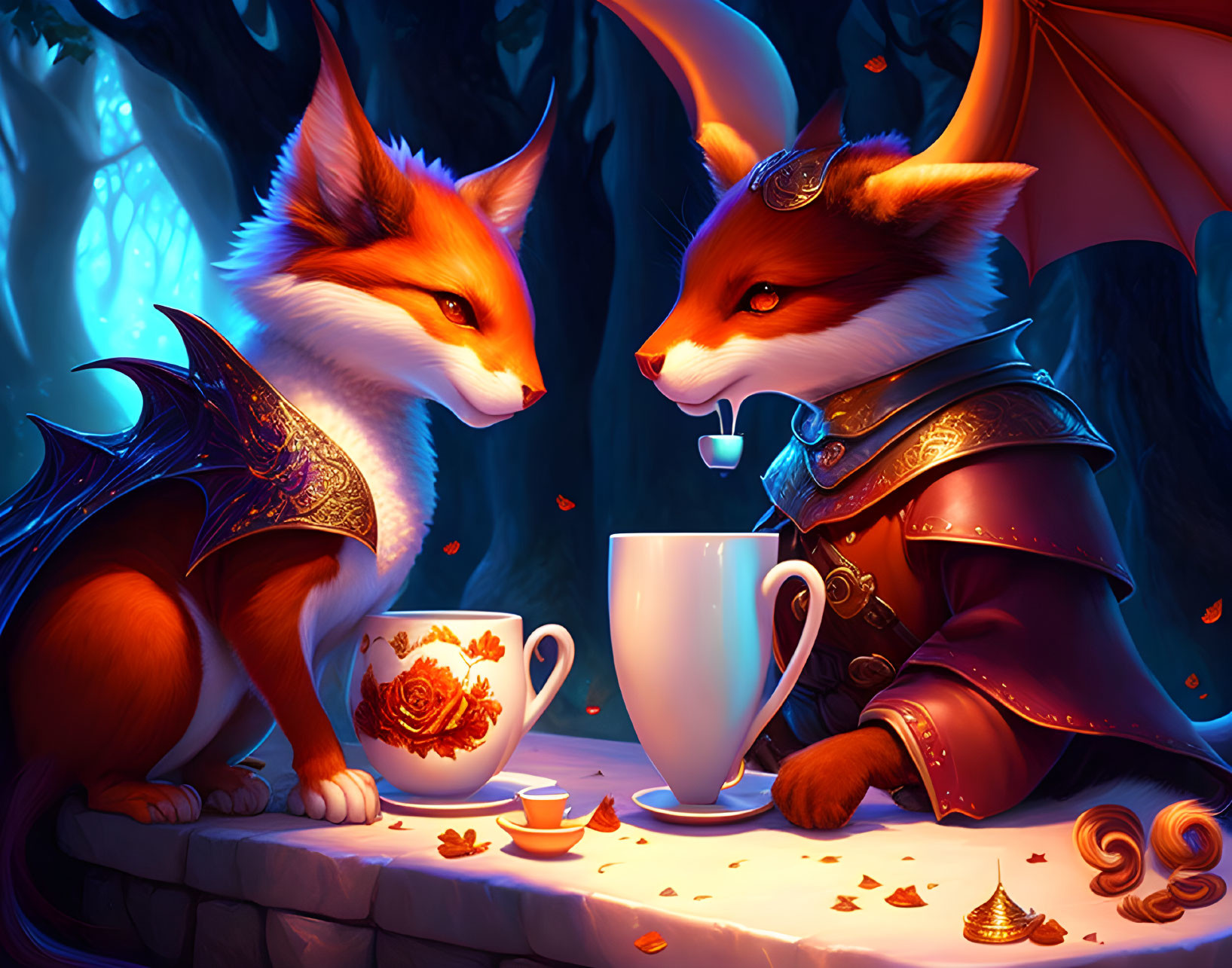 Anthropomorphic foxes with dragon-like wings in regal armor tea party in enchanted forest.