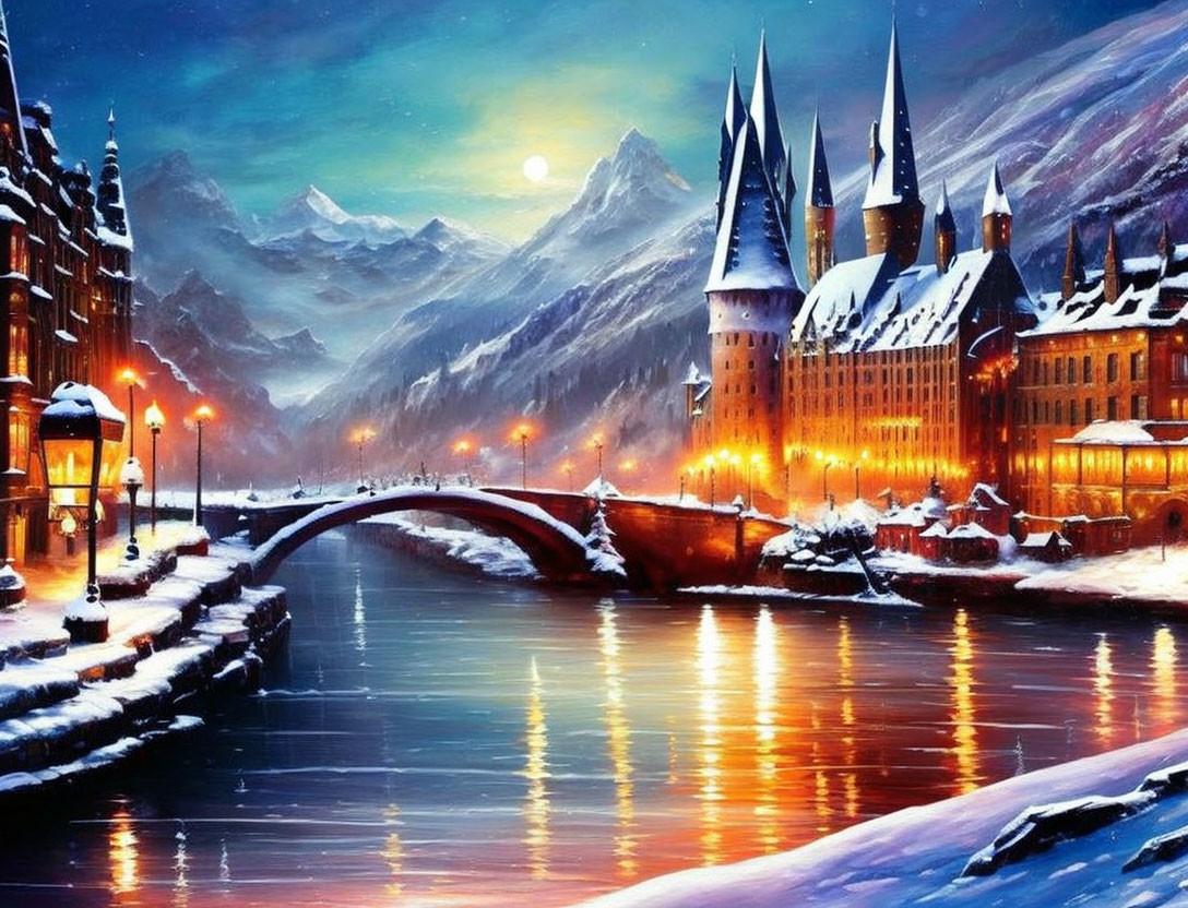 Snowy mountainous landscape with magical castle beside frozen river