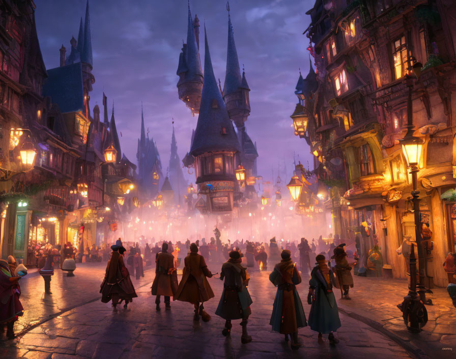 Twilight city scene with cloaked figures and whimsical architecture