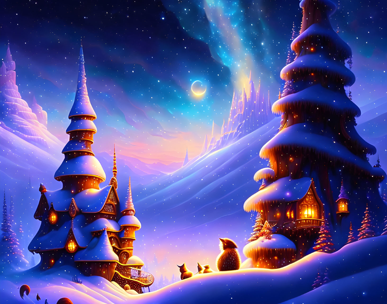 Snow-covered trees, cozy cottage, starry sky: Winter night scene