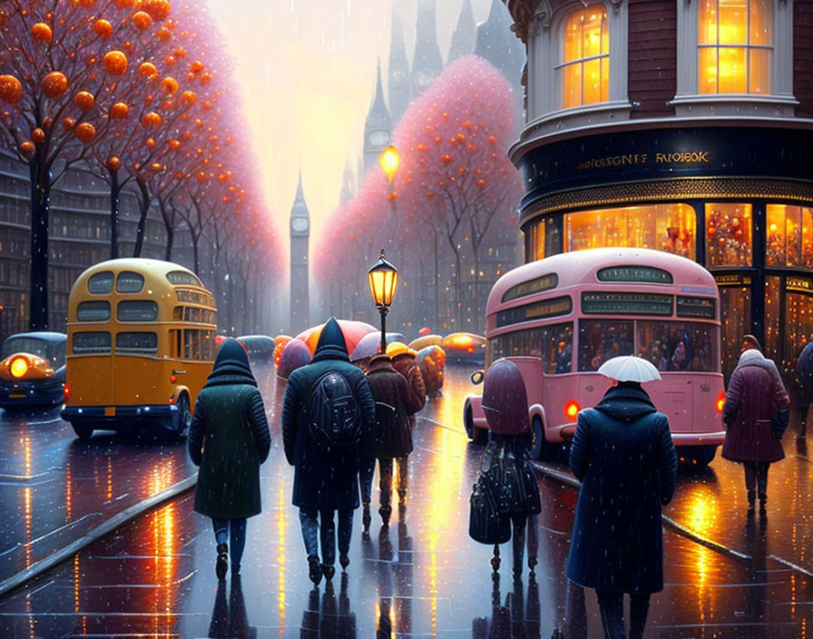 Pedestrians with umbrellas on wet London street at dusk, pastel buses, Big Ben,