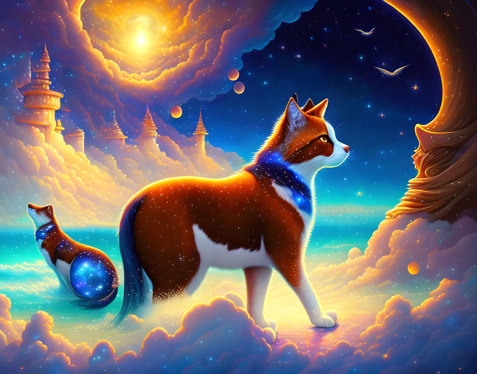 Majestic cat with cosmic fur in fantasy landscape