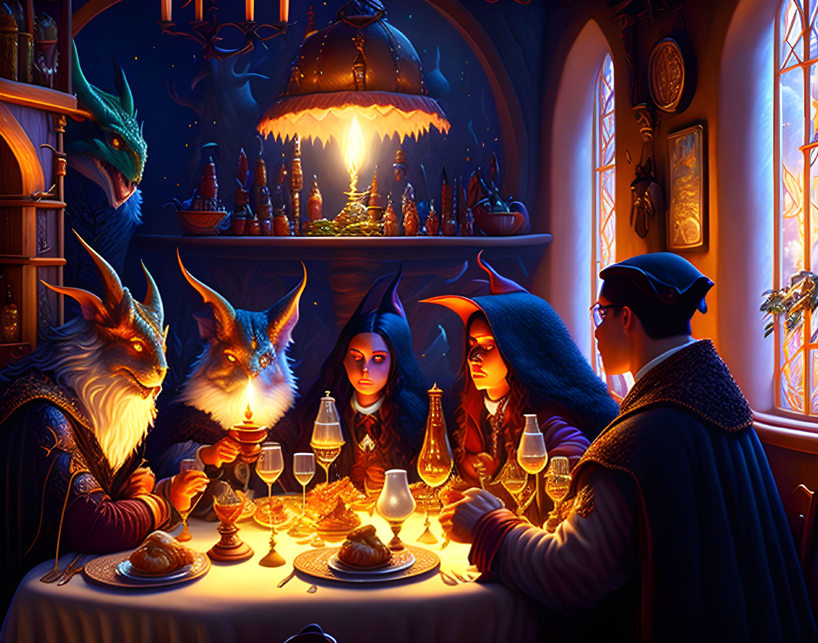 Fantasy Dinner Scene with Four Characters and Creatures around Table