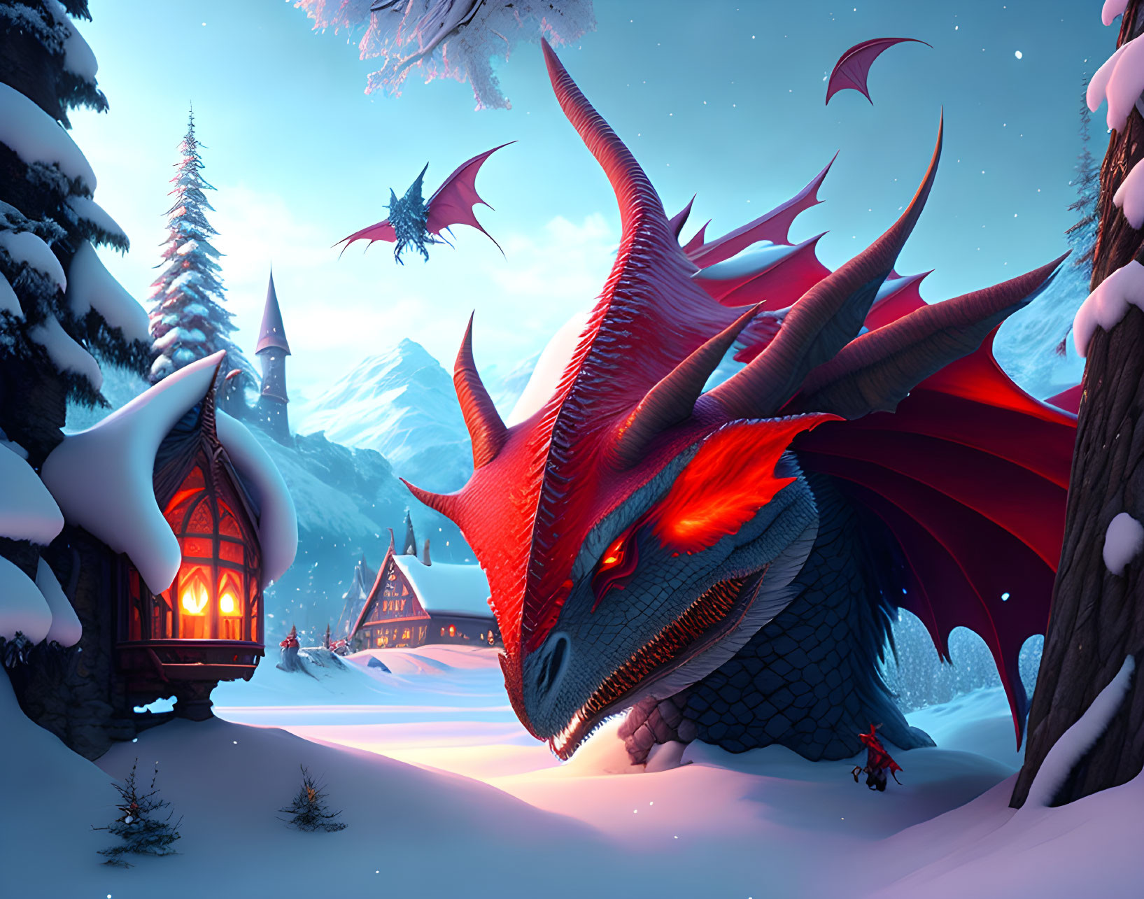 Red dragon in snowy fantasy landscape with flying dragons and village at dusk