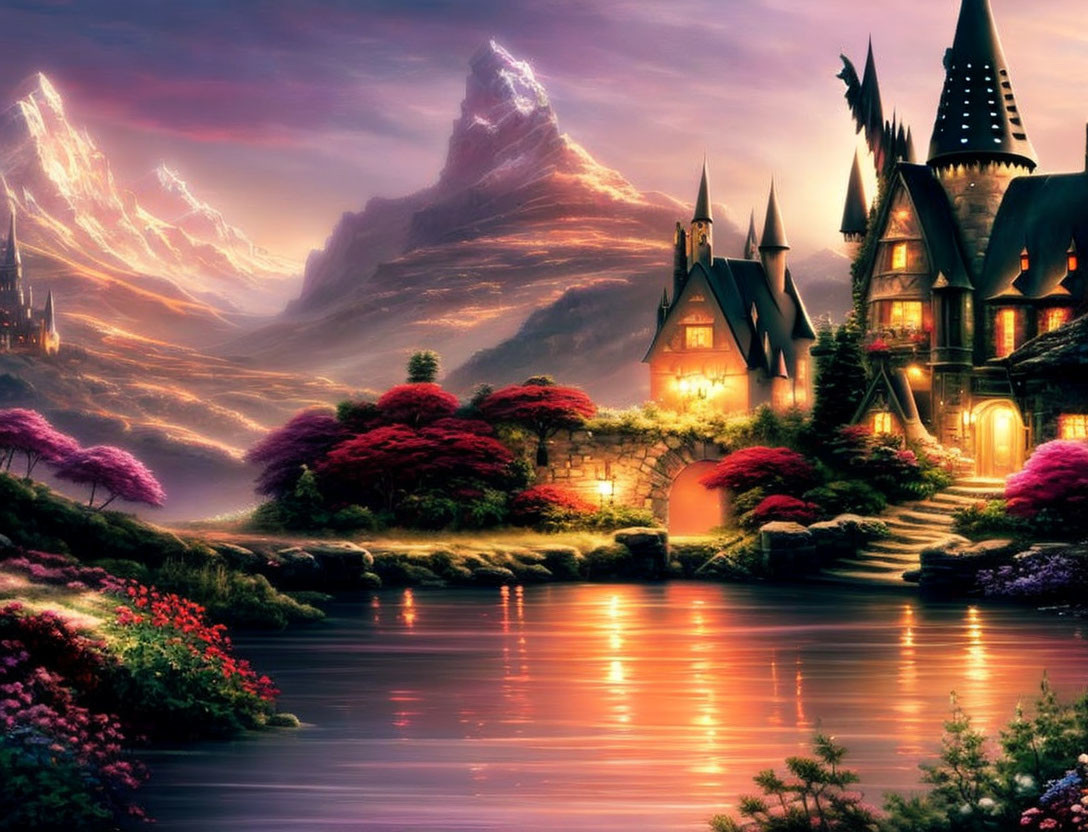 Enchanting castle in fantasy landscape with river, flora, sunset, mountains