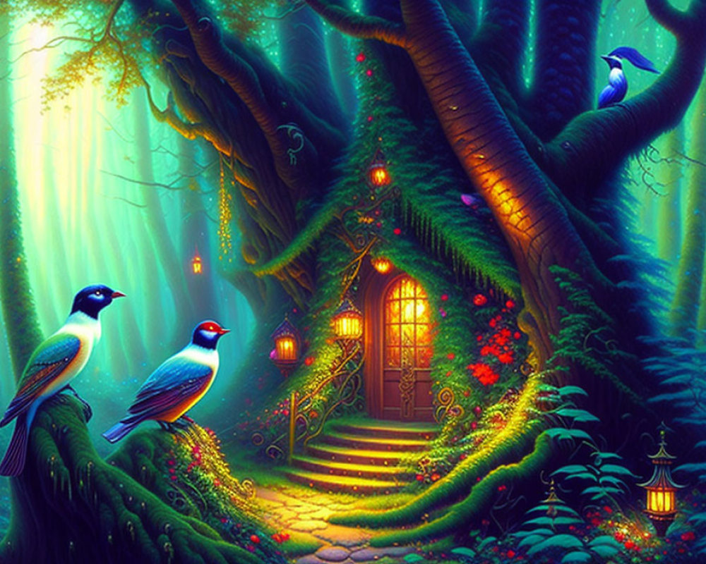 Enchanting forest scene with large tree door, birds, flowers & sunlight