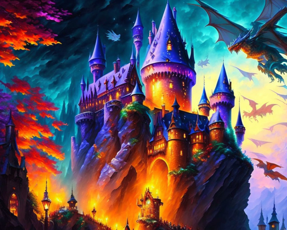 Fantasy artwork: Majestic castle on cliff with flying dragon