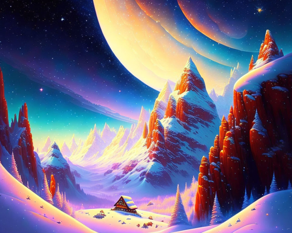 Digital Art: Snowy Mountain Peaks & Moonlit Cabin