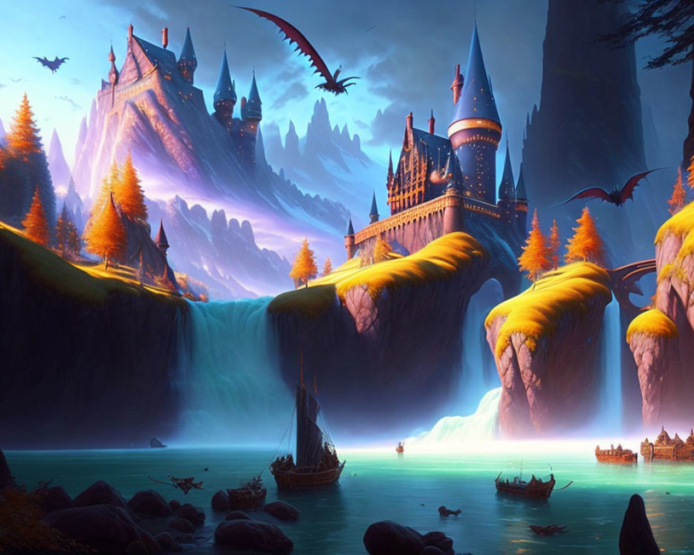 Majestic fantasy landscape with castle, waterfall, autumn trees, and flying dragons