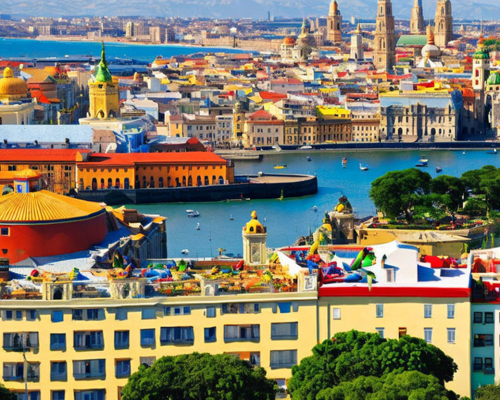 Colorful Coastal City Aerial View with Historical Architecture