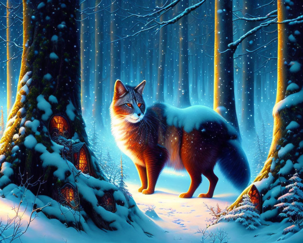 Majestic fox in snowy forest with glowing tree hollow homes