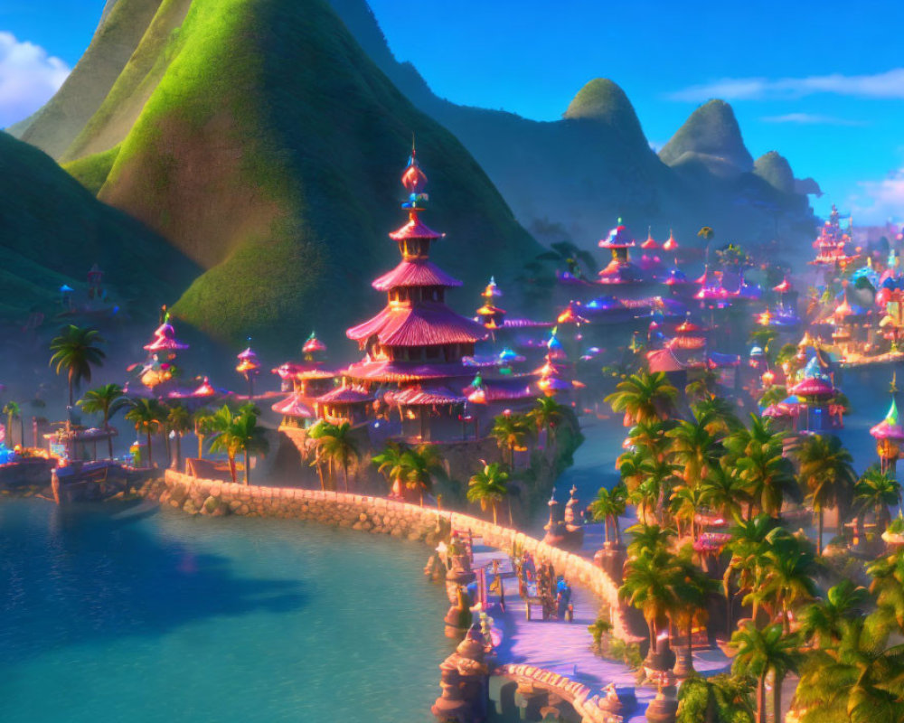 Animated tropical landscape with pagoda-style buildings, palm trees, mountains, and waterfront at dusk