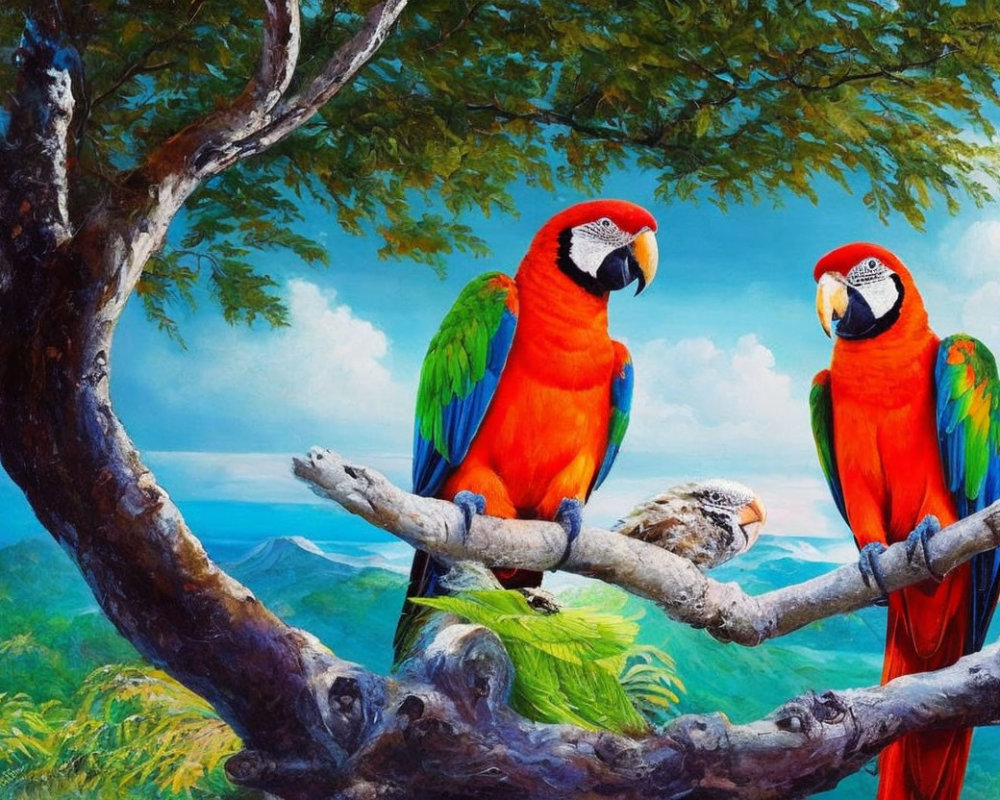 Colorful scarlet macaws on branch with greenery and blue mountains.