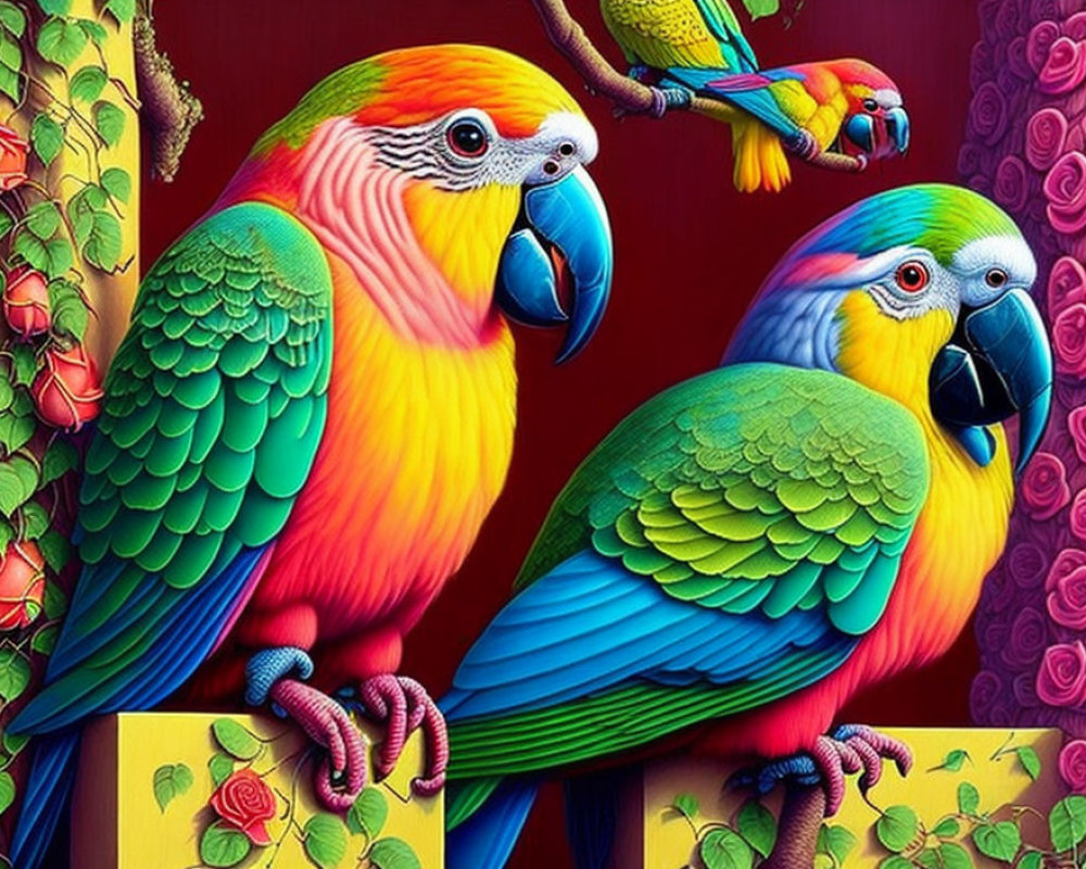 Vibrant Parrots Illustration with Colorful Feathers and Floral Background