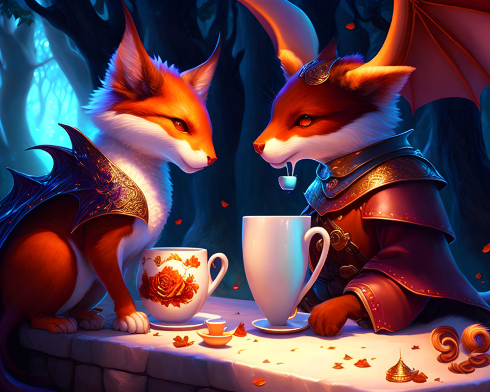 Anthropomorphic foxes with dragon-like wings in regal armor tea party in enchanted forest.