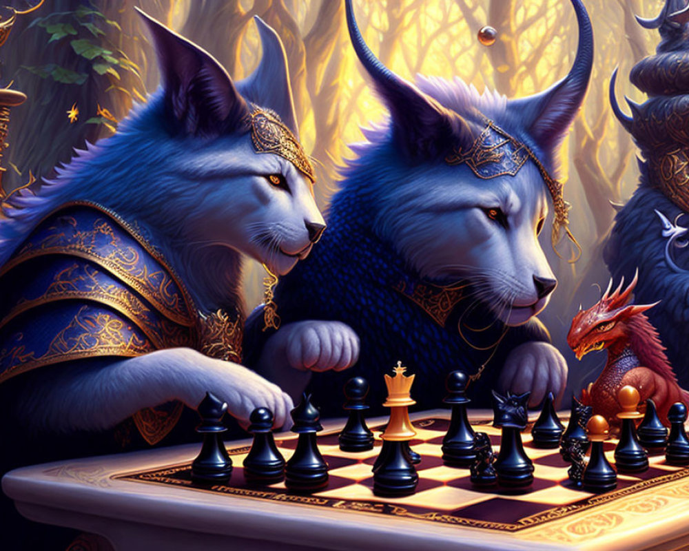 Regal anthropomorphic wolves playing chess with a red dragon.