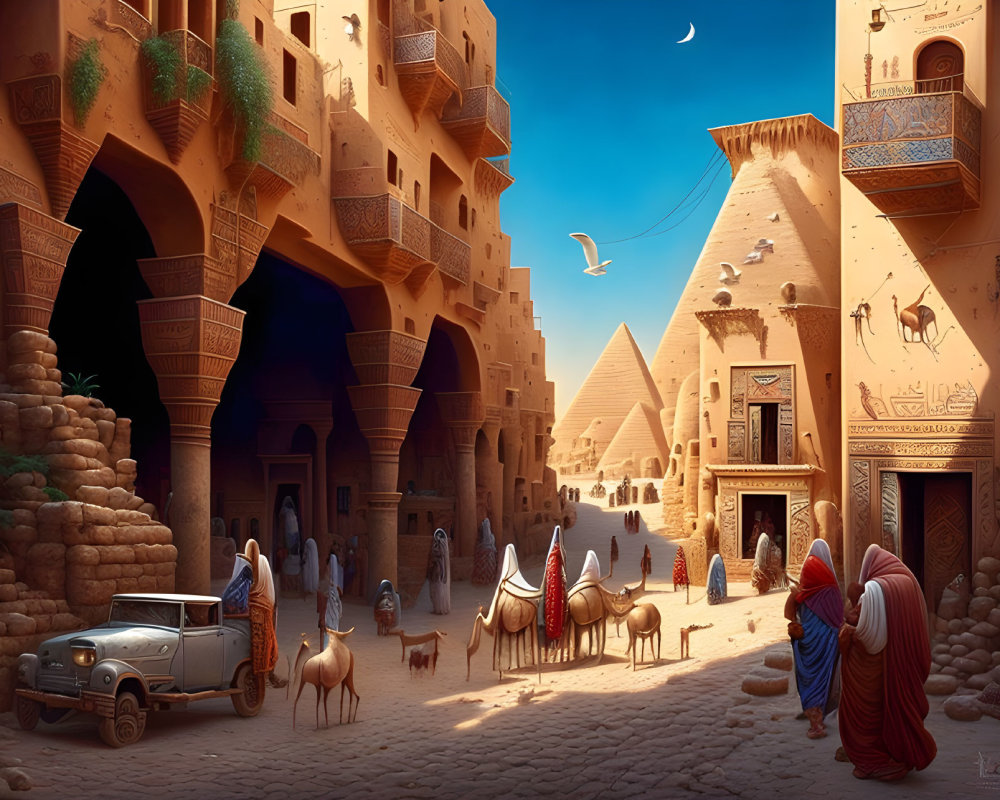 Blend of traditional and modern elements with Great Pyramids, camels, classic car, and sandstone