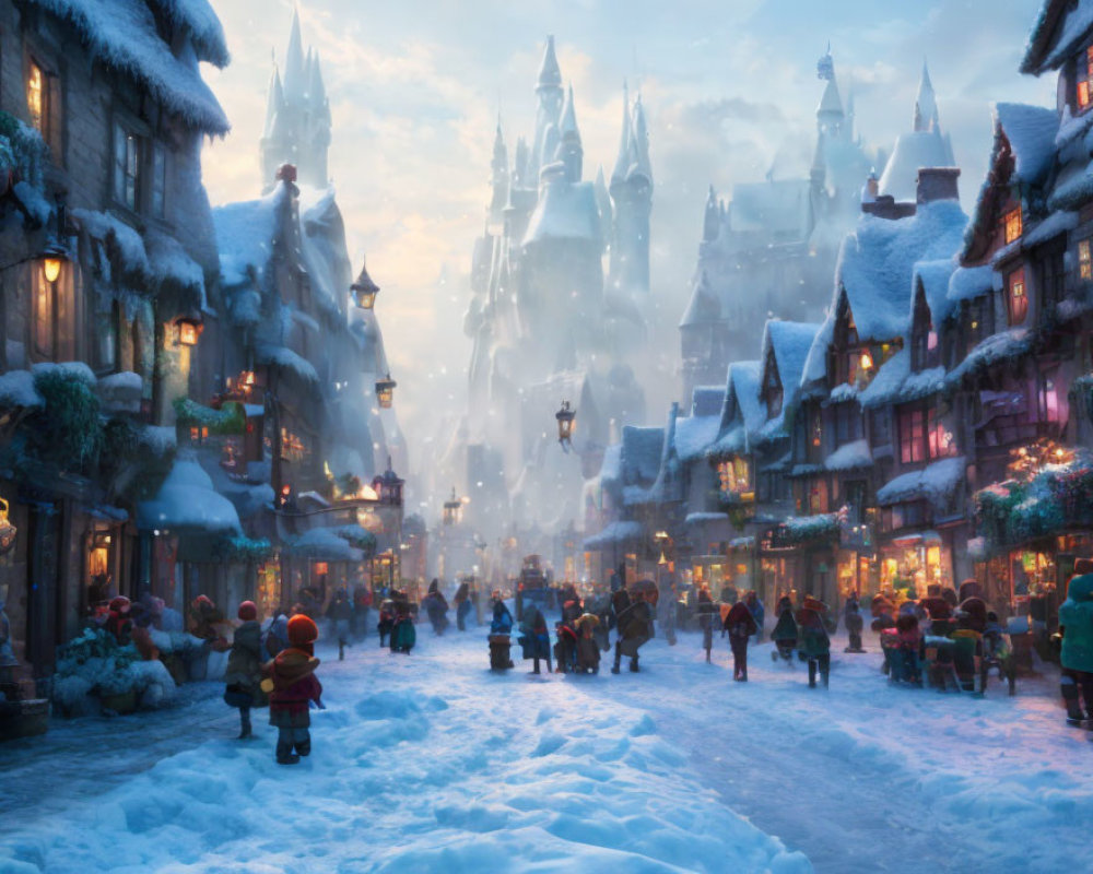 Snow-covered street with illuminated shops and fairytale village vibe