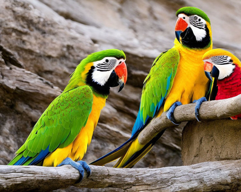 Vibrant colorful macaws perched on branch interacting