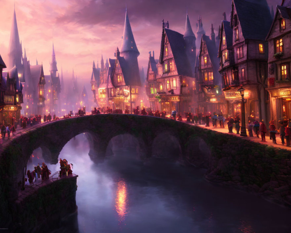 Medieval-style village with stone bridge and spires at twilight