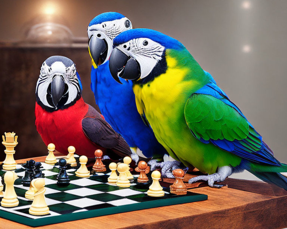 Colorful Macaws Perched Around Chessboard in Blurred Background