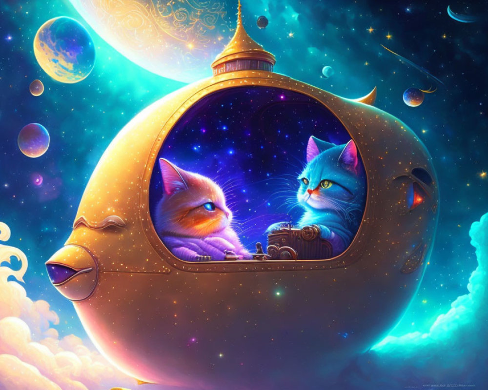 Whimsical animated cats in fish-shaped spaceship explore colorful outer space