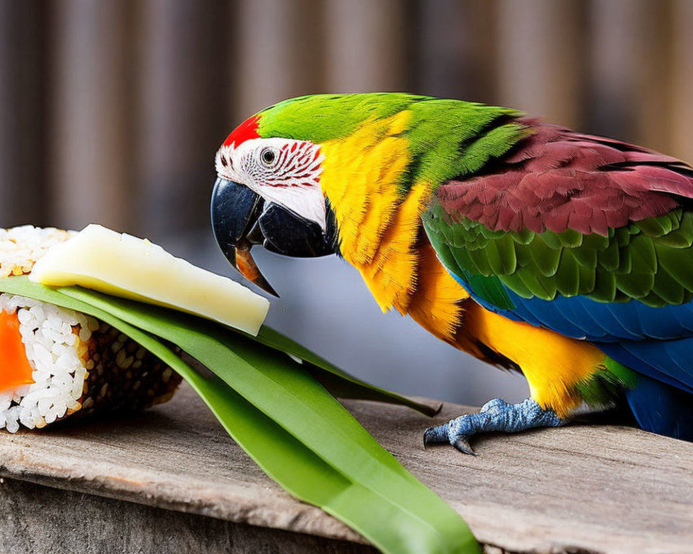 Colorful Parrot Eating Cheese on Sushi Roll with Blurred Background