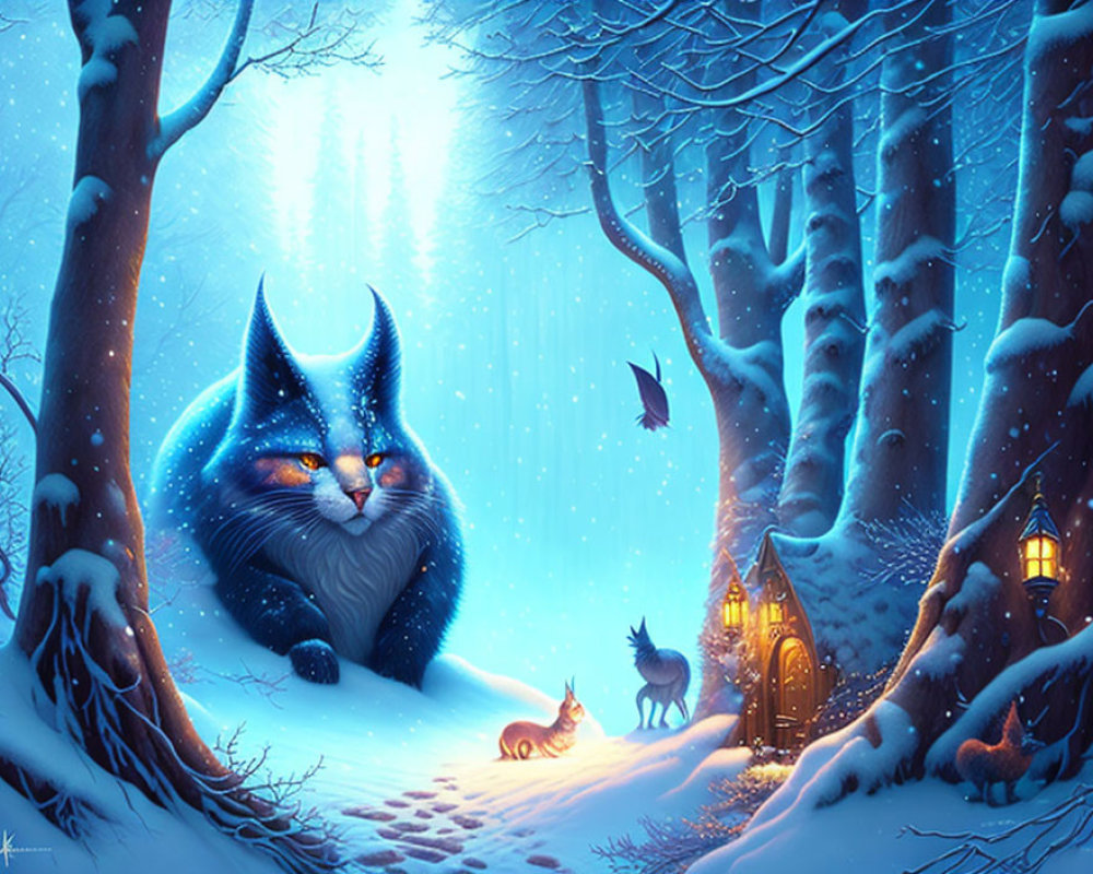 Whimsical winter scene with giant blue cat and magical snowy sky