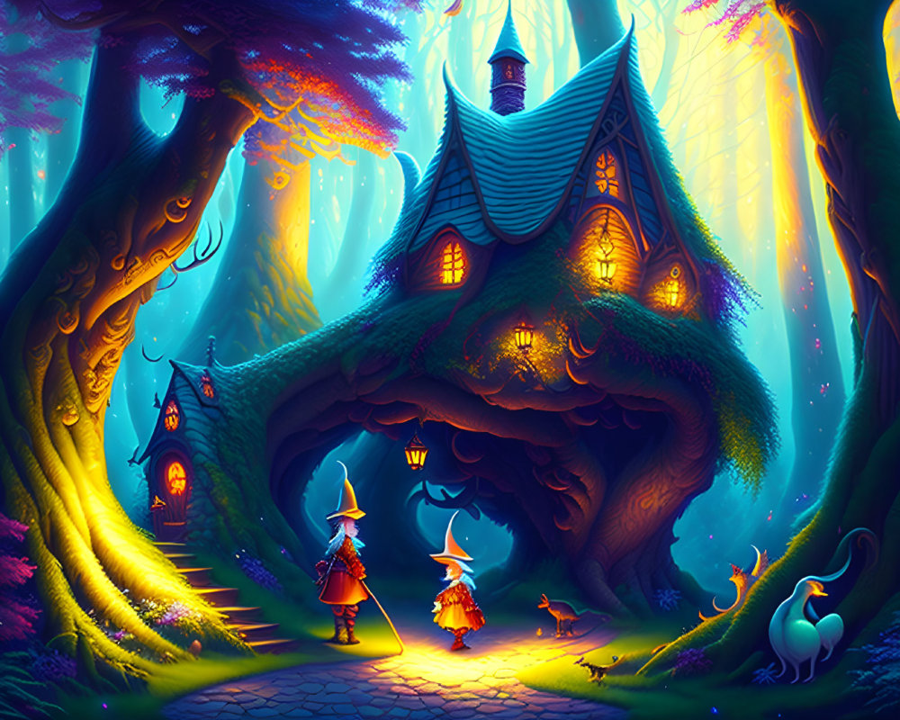 Enchanting forest scene: witches, magical treehouse, curious cat