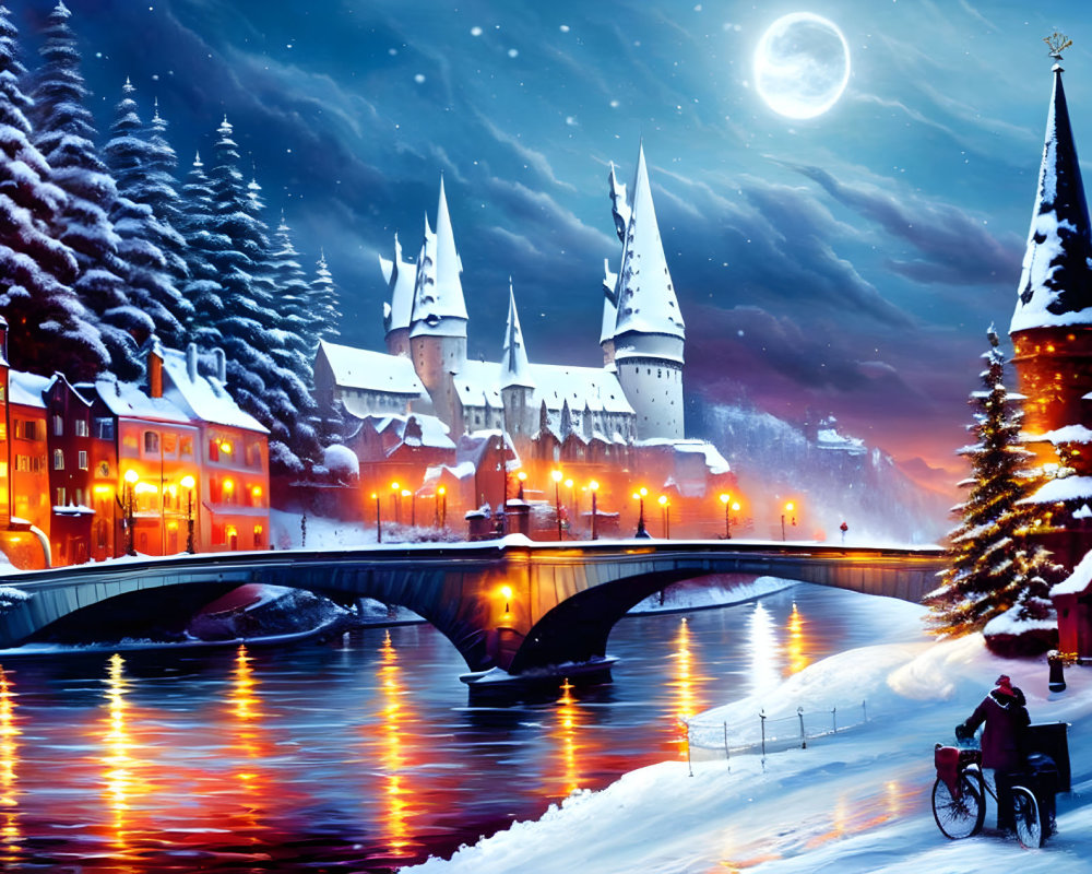 Winter Castle Scene with River Bridge, Snowy Trees, and Full Moon